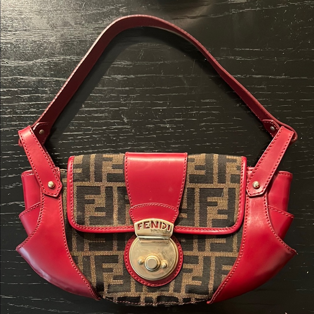Fendi Red and Brown Shoulder Bag with Gold-Tone Clasp